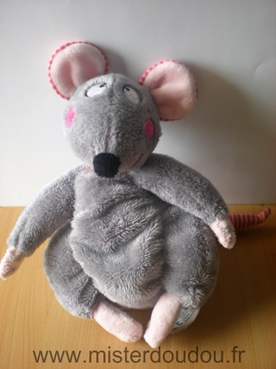 Doudou Souris Planet pluch Grise nez noir oreilles rose 