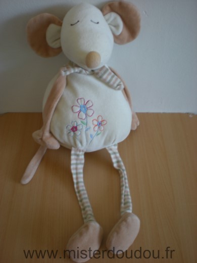 Doudou Souris Playkids Ecru beige longues jambes trois fleurs 