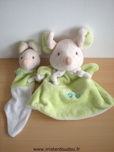 Doudou Souris Playkids Ecru vert avec bebe souris Maman et bébé souris marionnettes tous les deux