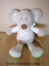 Doudou Souris Pommette Beige écru jambes rayées vert-blanc 