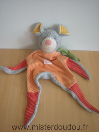 Doudou Souris Sigikid Gris et rayé jaune orange, rayé rouge orange 