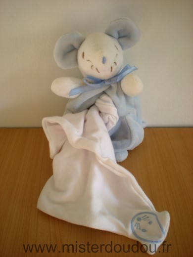 Doudou Souris Sucre d orge Blanc bleu poche avec mouchoir blanc 