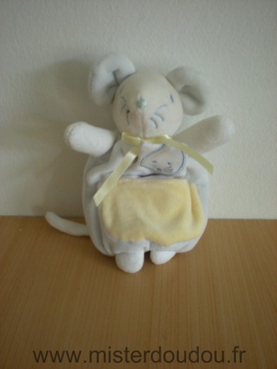 Doudou Souris Sucre d orge Bleu jaune mouchoir blanc qui sort de la poche 