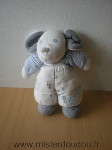 Doudou Souris Tartine et chocolat Blanc motifs feuilles, bleu, gris Tres bon état général mais 2 traces sur le tissus devant