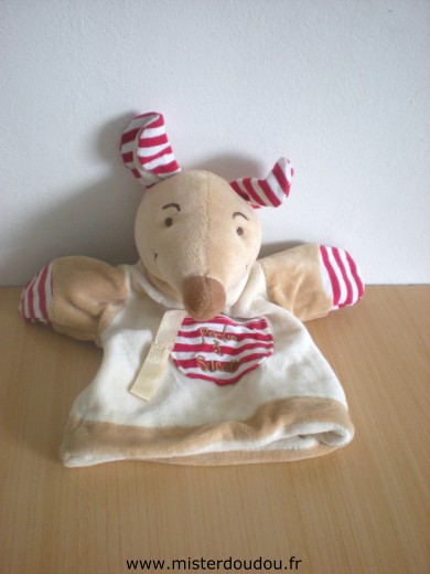 Doudou Souris Tcf Beige écru rouge blanc, poche à sucette 