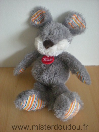 Doudou Souris Trudi Gris blanc  dessous des pattes et oreilles rayés multicolore 