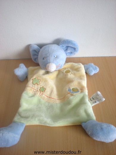 Doudou Souris Vetir Bleu jaune vert avec escargot brodé 