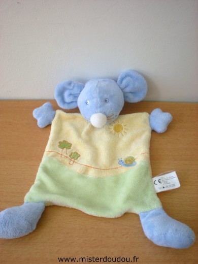 Doudou Souris Vetir Bleu jaune vert avec un soleil brodé et des arbres et un escargot 