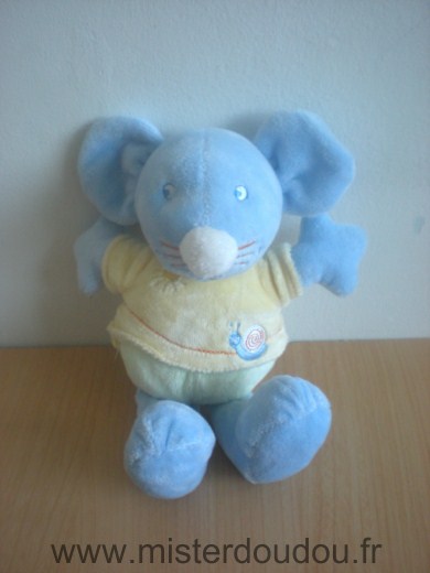 Doudou Souris Vetir Bleu tshirt jaune escargot brodé avec un soleil Un petit trou dans l'oreille