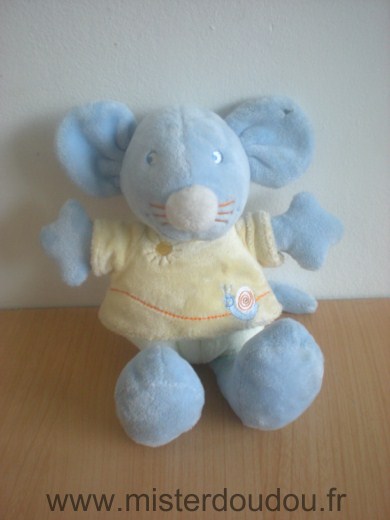 Doudou Souris Vetir Bleu tshirt jaune escargot soleil 