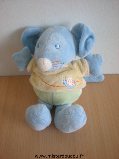 Doudou Souris Vetir Bleu tshirt jaune motif escargot 