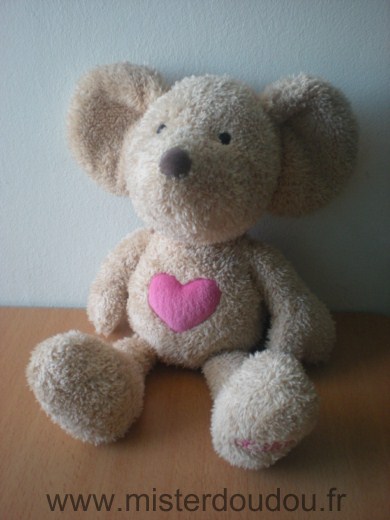 Doudou Souris 0 Beige coeur rose lillebi 
