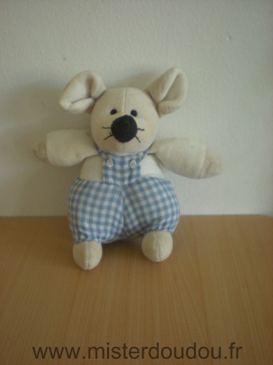 Doudou Souris 0 Blanc salopette vichy bleu rivadouce 