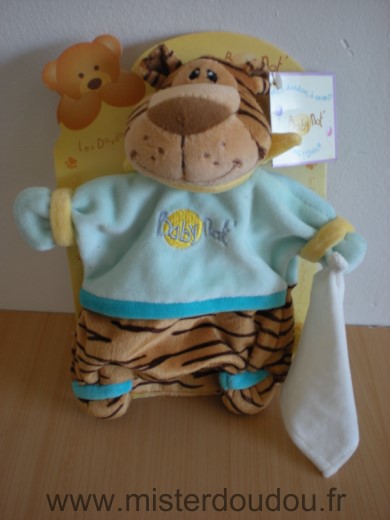 Doudou Tigre Baby nat Bleu marron tigre mouchoir blanc 