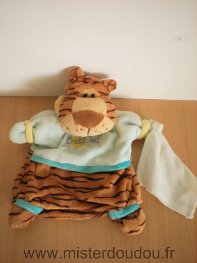 Doudou Tigre Baby nat Marron bleu mouchoir blanc Tres bon état général mais légère trace dans le dos