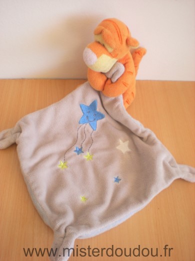 Doudou Tigre Disney Tigrou orange mouchoir gris bleu avec etoiles 