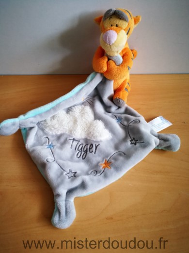 Doudou Tigre Disney Tigrou orange mouchoir gris bleu nuage tigger 
