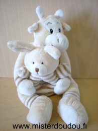 Doudou Vache Ajena Beige écru Vache tenant un hochet lapin