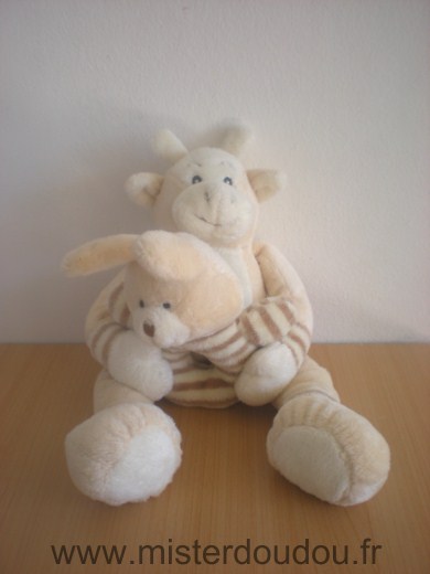 Doudou Vache Ajena Ecru avec hochet lapin rayé ecru beige 