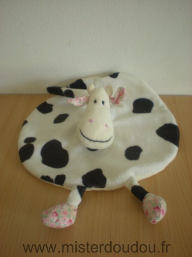 Doudou Vache Aubert Blanc taches noires fleurs roses 