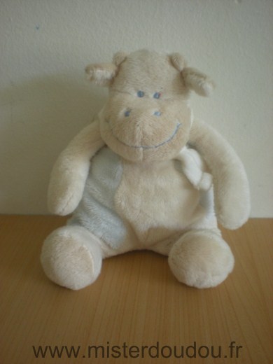 Doudou Vache Babou Ecru bleu foulard blanc 