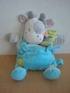 Doudou Vache Bébérêve Bleu gris oiseau jaune 