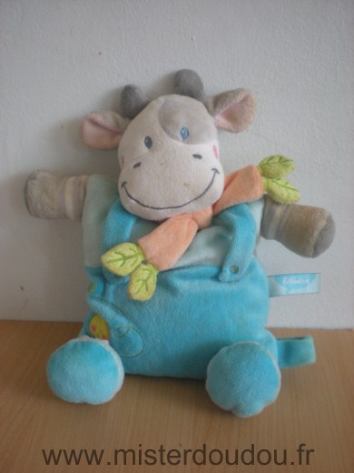 Doudou Vache Bébérêve Bleu oiseau jaune brodé 