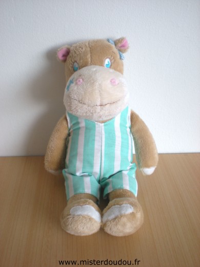 Doudou Vache Carré blanc Beige salopette rayée vert blanc 