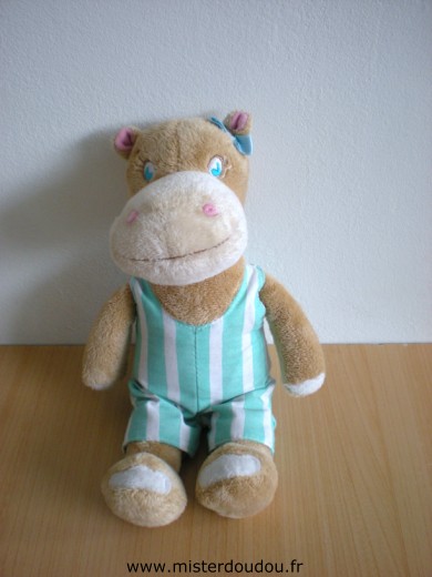 Doudou Vache Carré blanc Marron salopette rayée vert blanc 