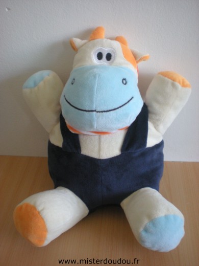 Doudou Vache Credit agricole Ecru bleu salopette bleu marine foulard rayé blanc orange 