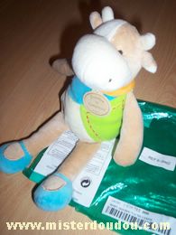 Doudou Vache Doudou et compagnie Blanc bleu vert beige Neuf sorti de l'emballage pour photo