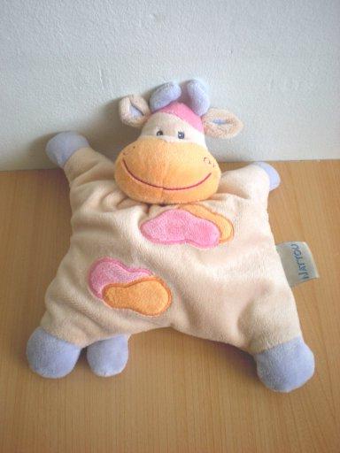 Doudou Vache Nattou Beige mauve taches oranges roses 