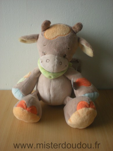 Doudou Vache Nattou Beige taches orange vert foulard vert 