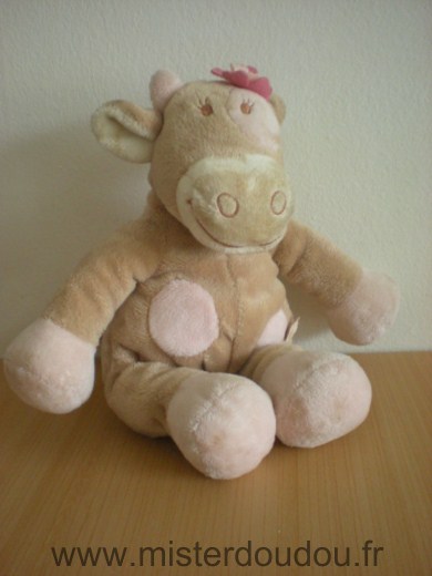 Doudou Vache Noukie s Beige taches rose fleur rose 