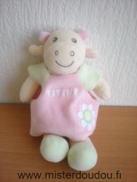 Doudou Vache Nounours Jaune clair vert rose rose avec fleur brodée titine 