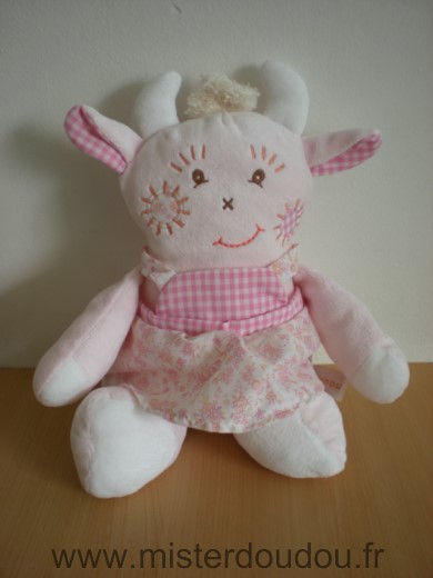 Doudou Vache Takinou Rose tablier rose fleurs Très bon état général sauf taché derrière le bras