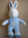 Lapin-Klorane-Entierement-en-velour-raye-rose-bleu-echarpe-bleue-Une-petite-trace-derriere-la-tete